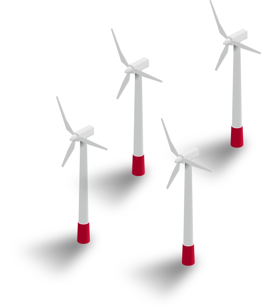 Grafik: Windpark von oben, im Rahmen dieser Umwandlung von Windenergie zu Wasserstoff werden GSR Ventile eingesetzt